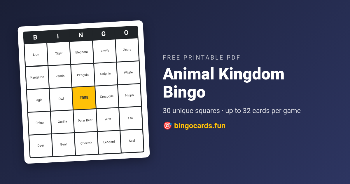 Animal Kingdom Bingo card — free printable PDF