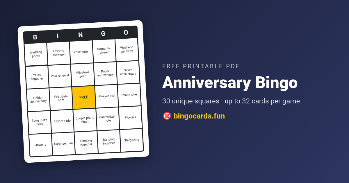 Anniversary Bingo card — free printable PDF