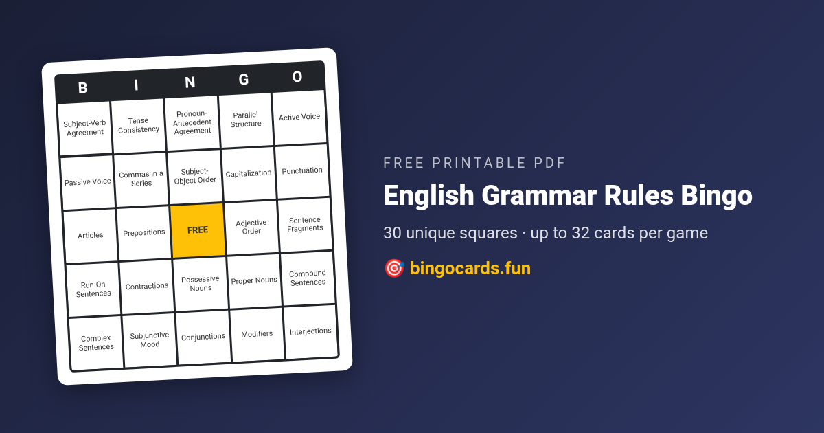English Grammar Rules Bingo card — free printable PDF