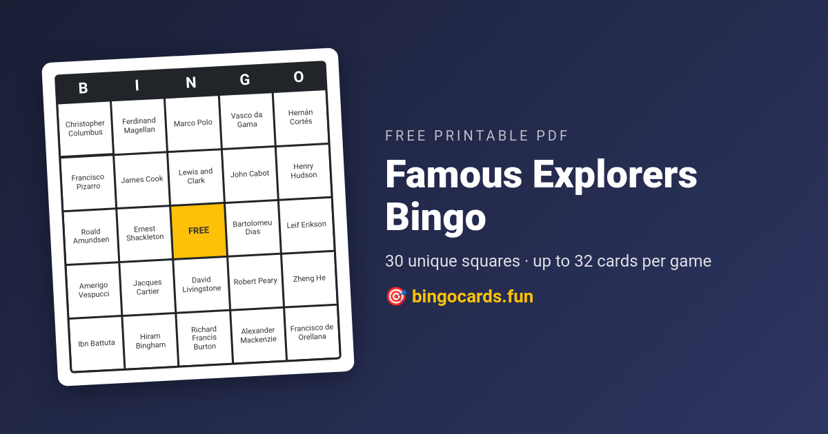 Famous Explorers Bingo card — free printable PDF