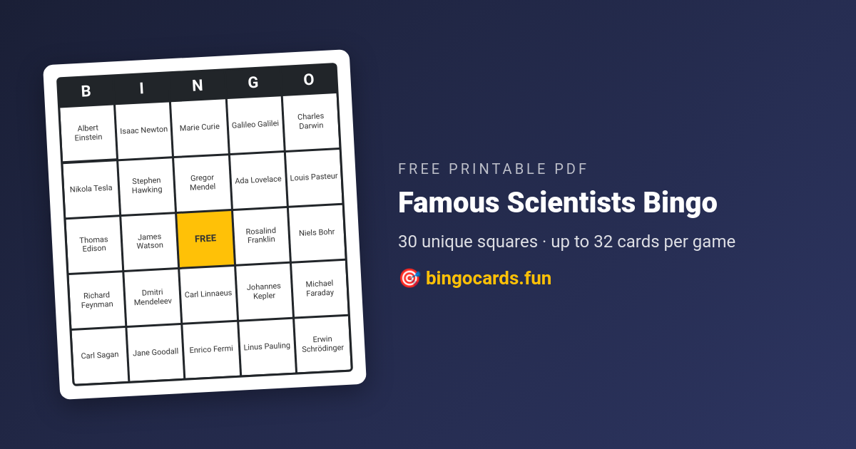 Famous Scientists Bingo card — free printable PDF