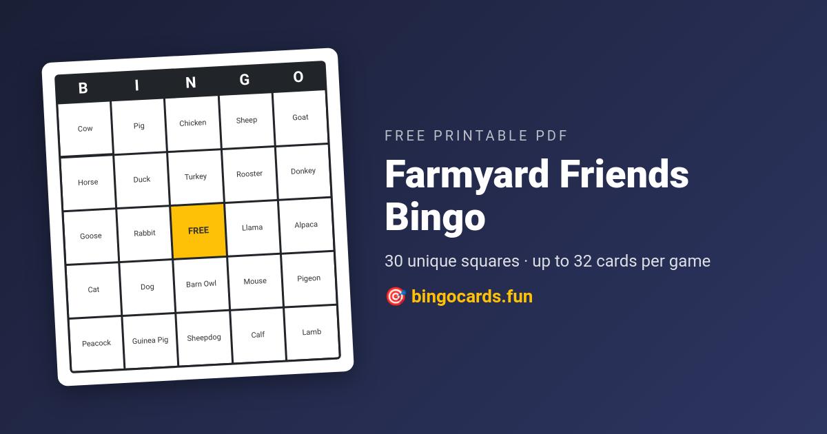 Farmyard Friends Bingo card — free printable PDF
