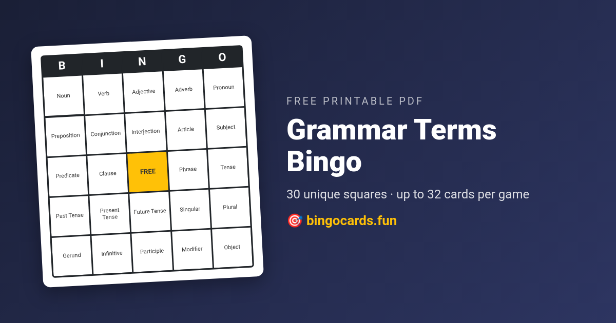 Grammar Terms Bingo card — free printable PDF