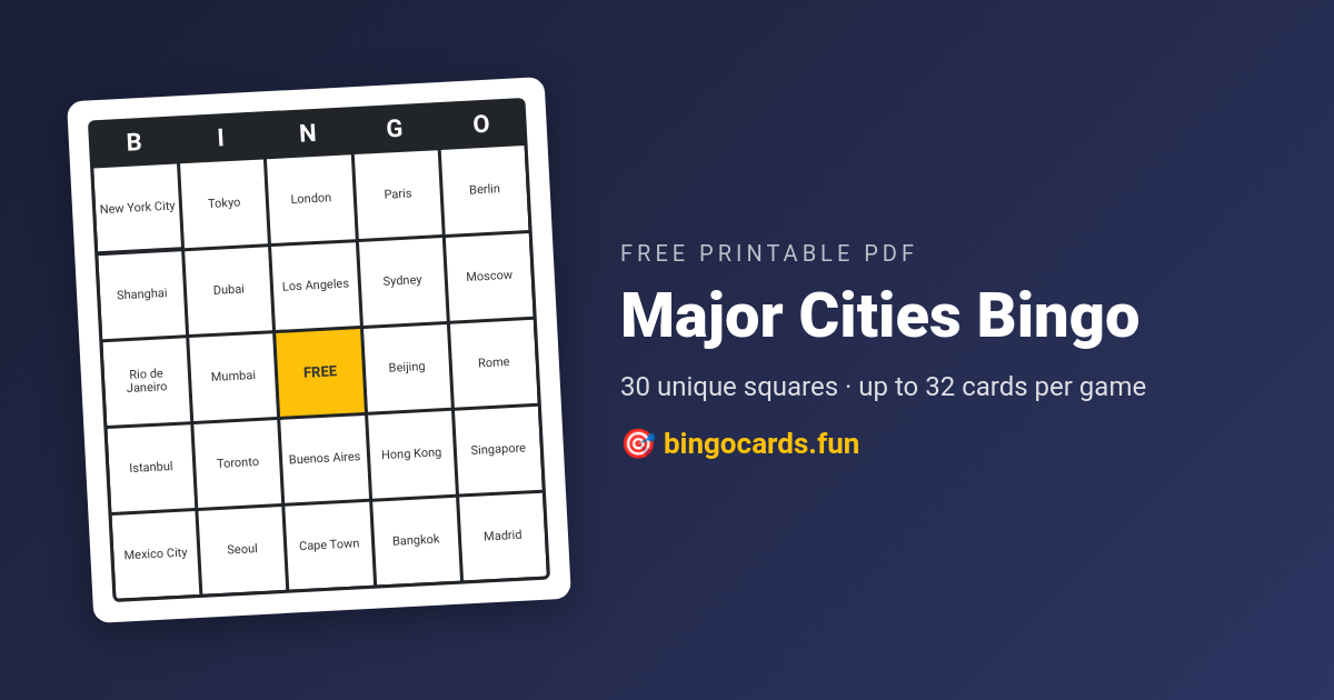 Major Cities Bingo card — free printable PDF