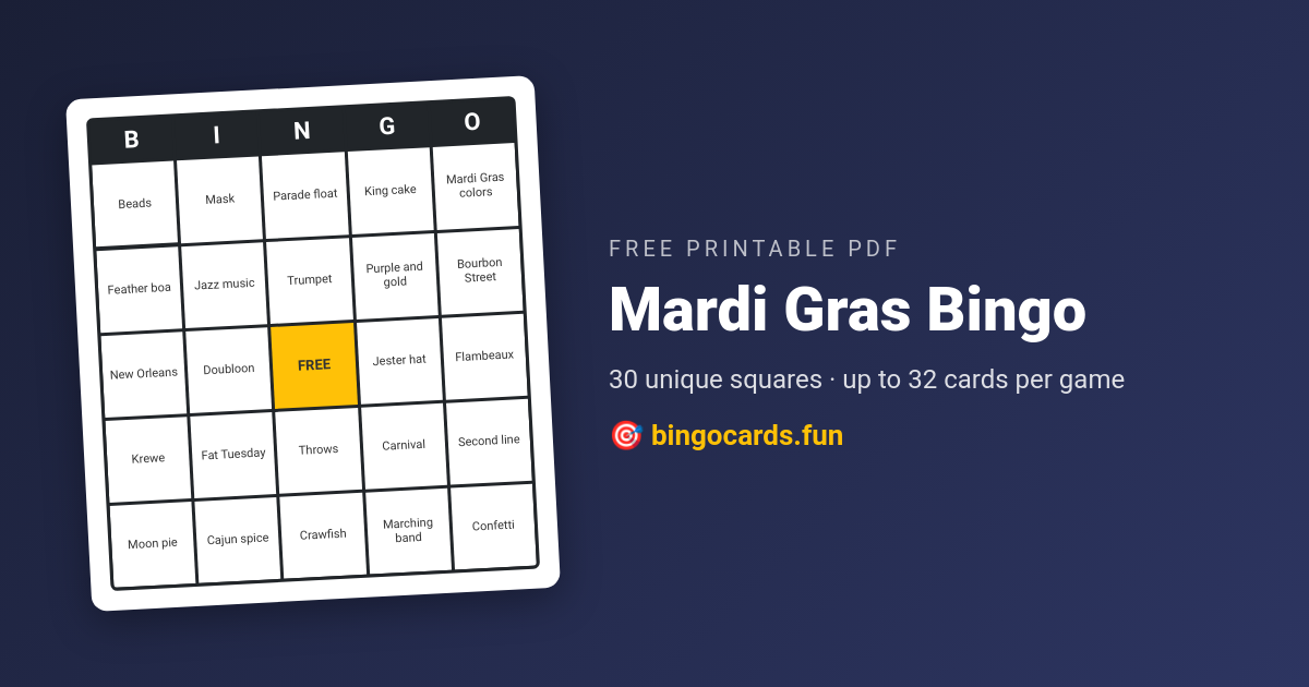 Mardi Gras Bingo card — free printable PDF