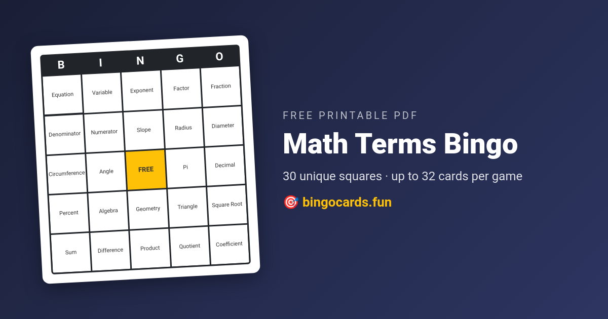 Math Terms Bingo card — free printable PDF