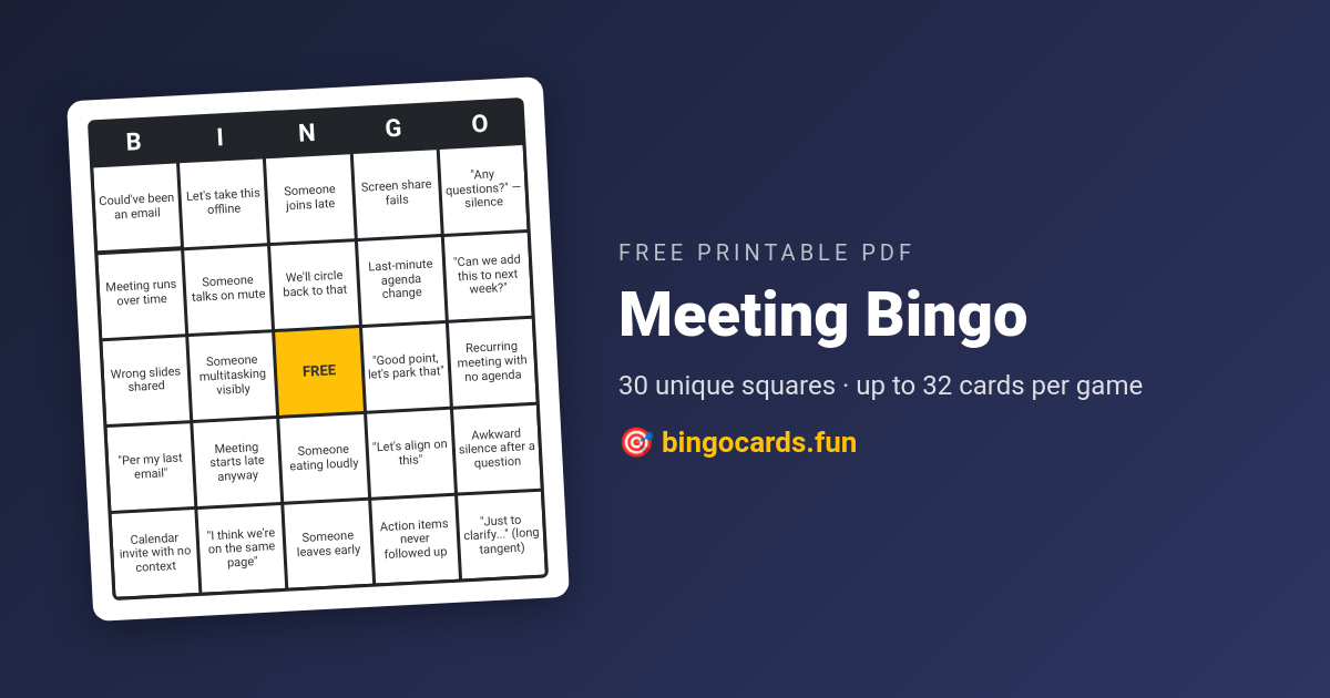 Meeting Bingo card — free printable PDF