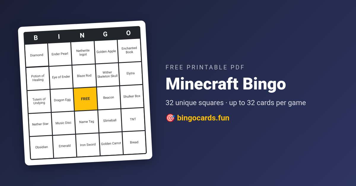 Minecraft Bingo card — free printable PDF
