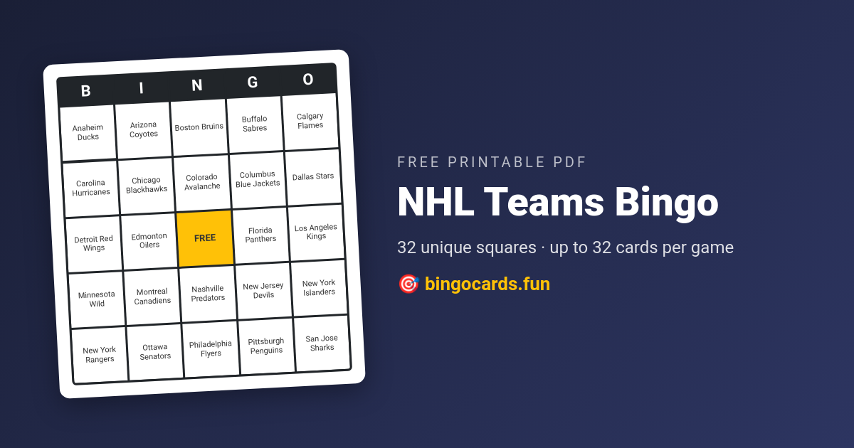 NHL Teams Bingo card — free printable PDF