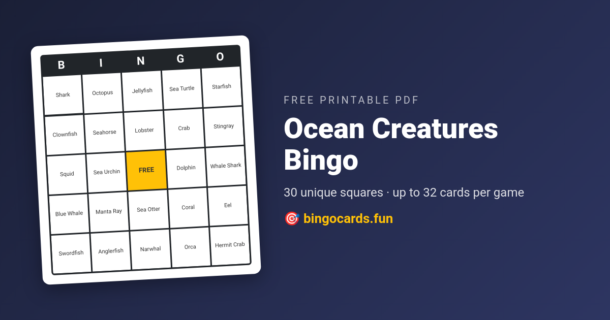 Ocean Creatures Bingo card — free printable PDF