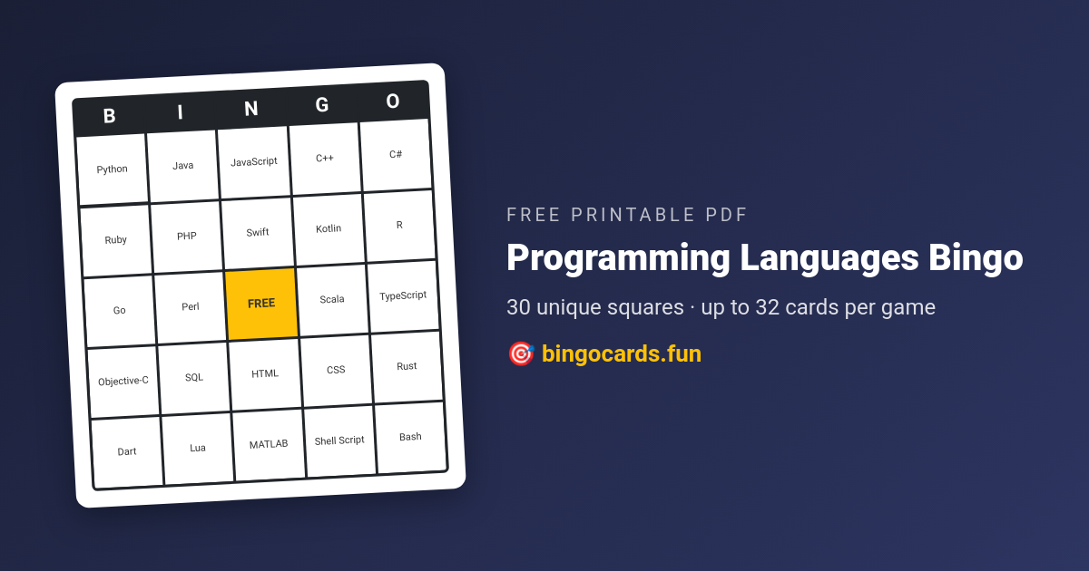 Programming Languages Bingo card — free printable PDF