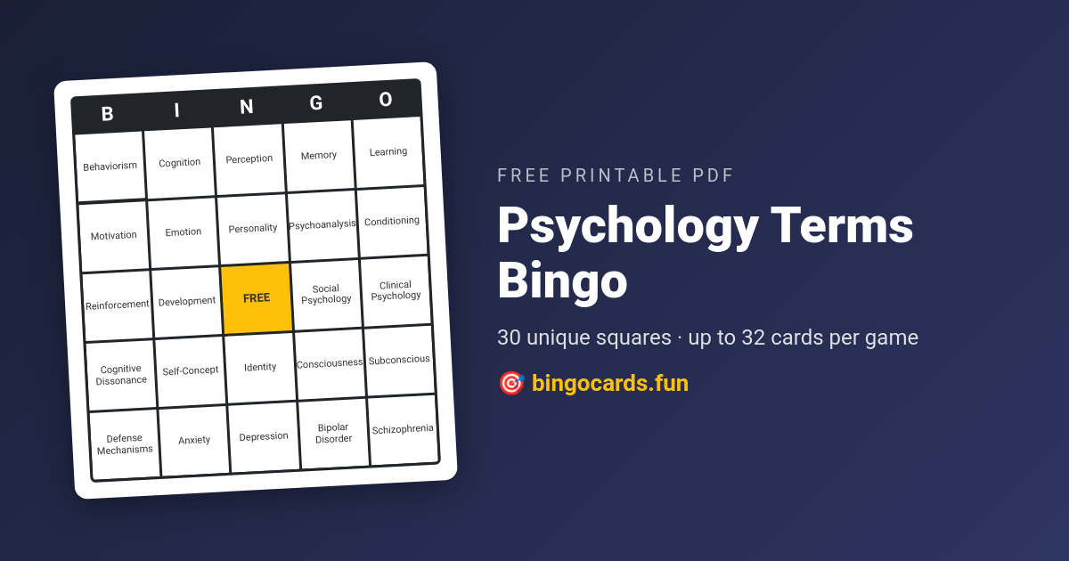 Psychology Terms Bingo card — free printable PDF