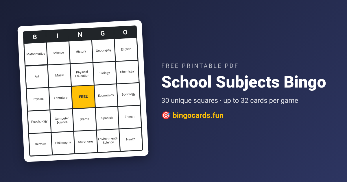 School Subjects Bingo card — free printable PDF