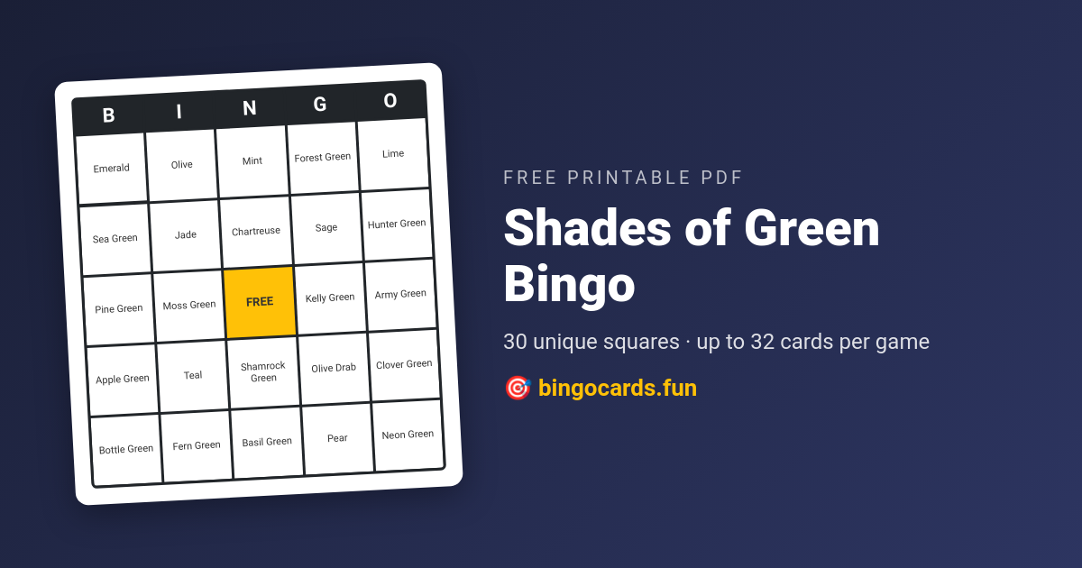 Shades of Green Bingo card — free printable PDF