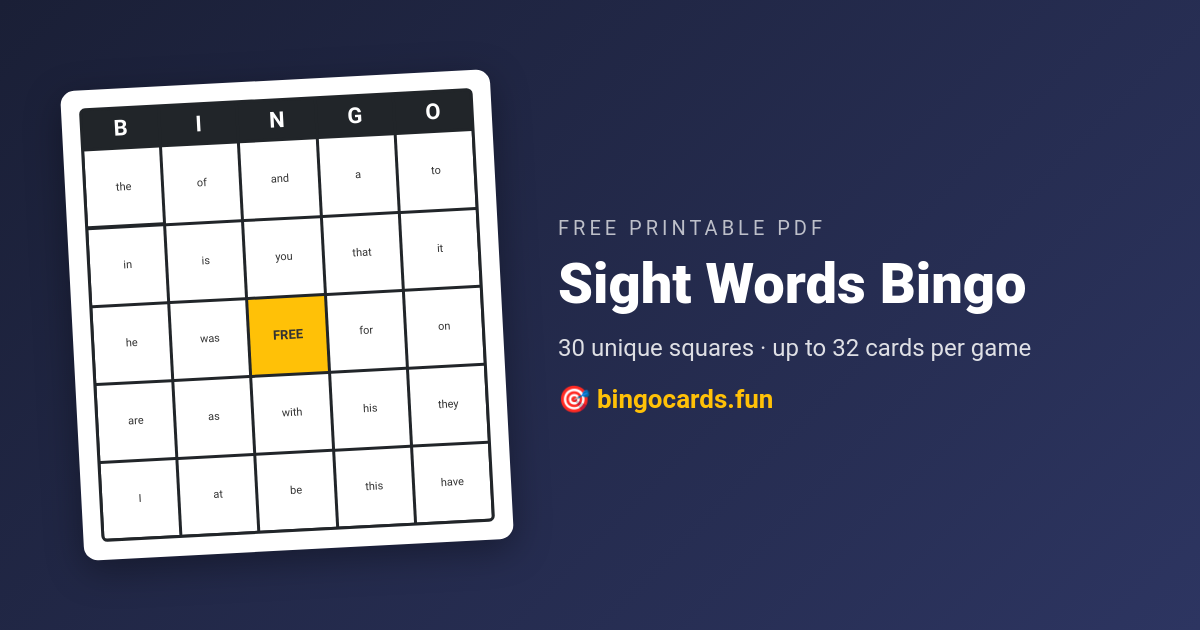 Sight Words Bingo card — free printable PDF