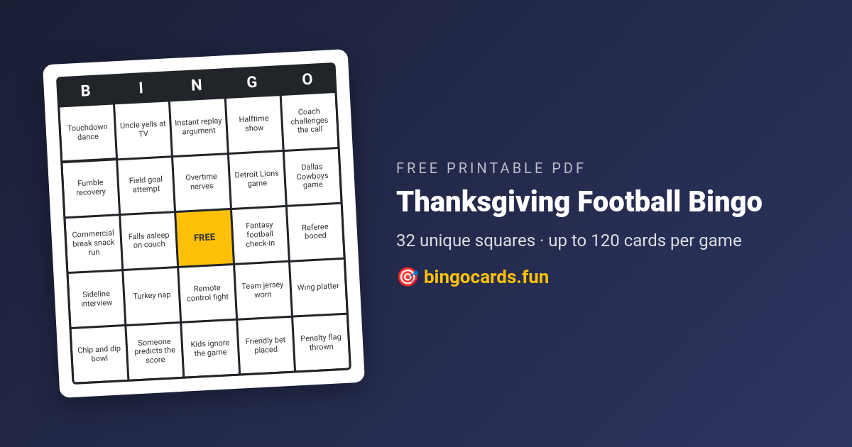 Thanksgiving Football Bingo card — free printable PDF