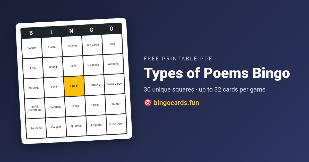 Types of Poems Bingo card — free printable PDF