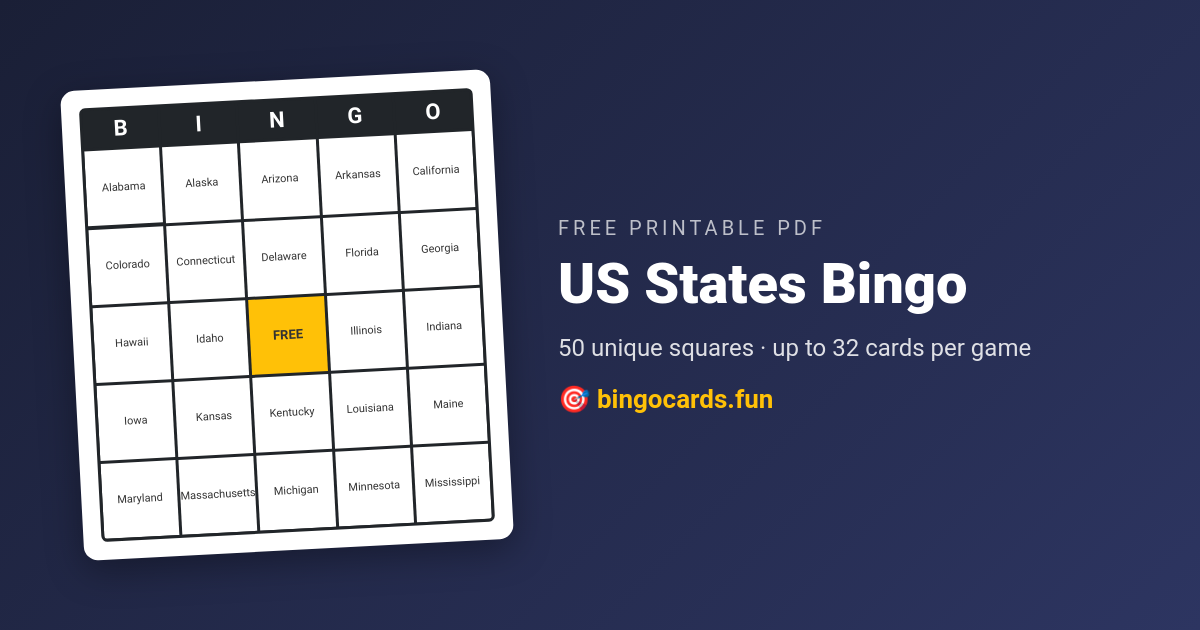 US States Bingo card — free printable PDF