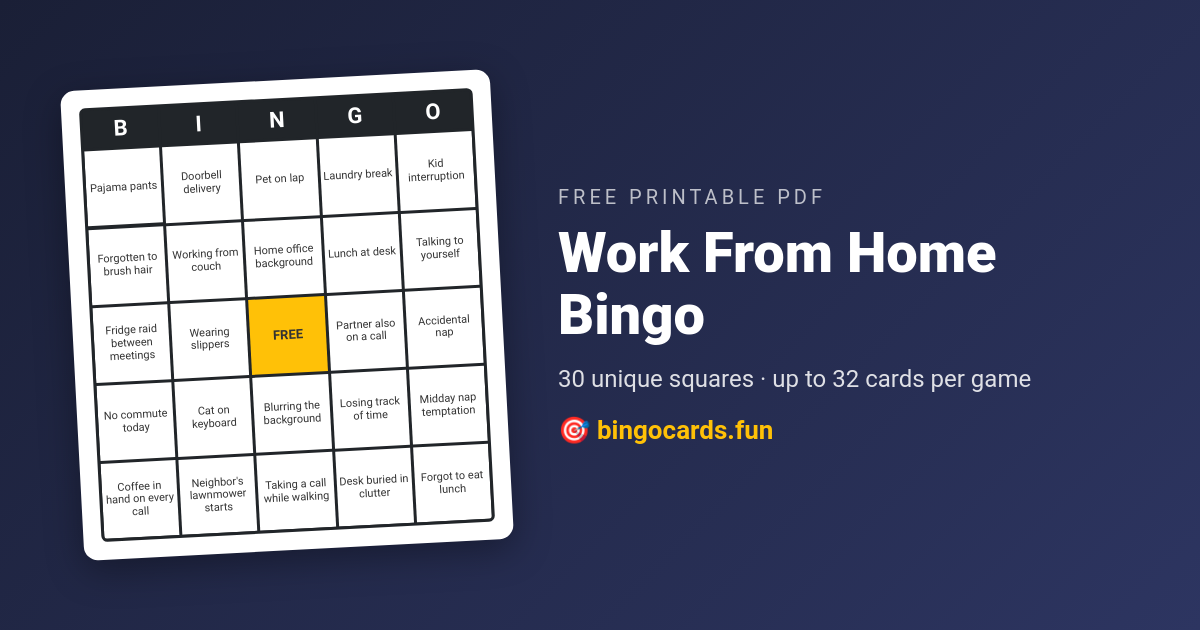 Work From Home Bingo card — free printable PDF