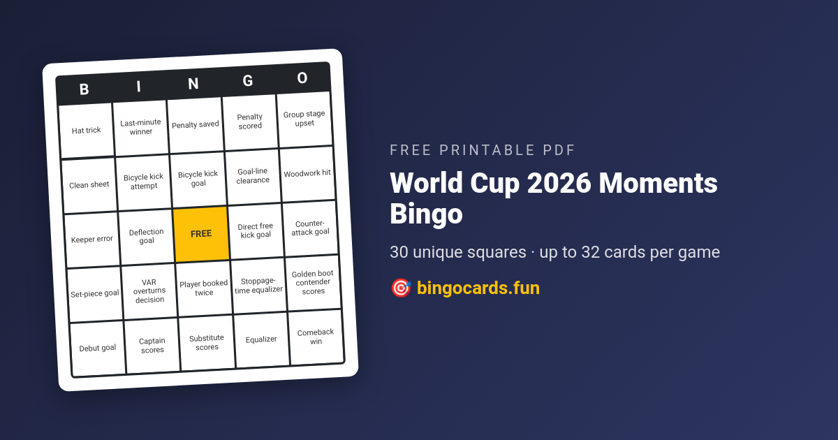 World Cup 2026 Moments Bingo card — free printable PDF